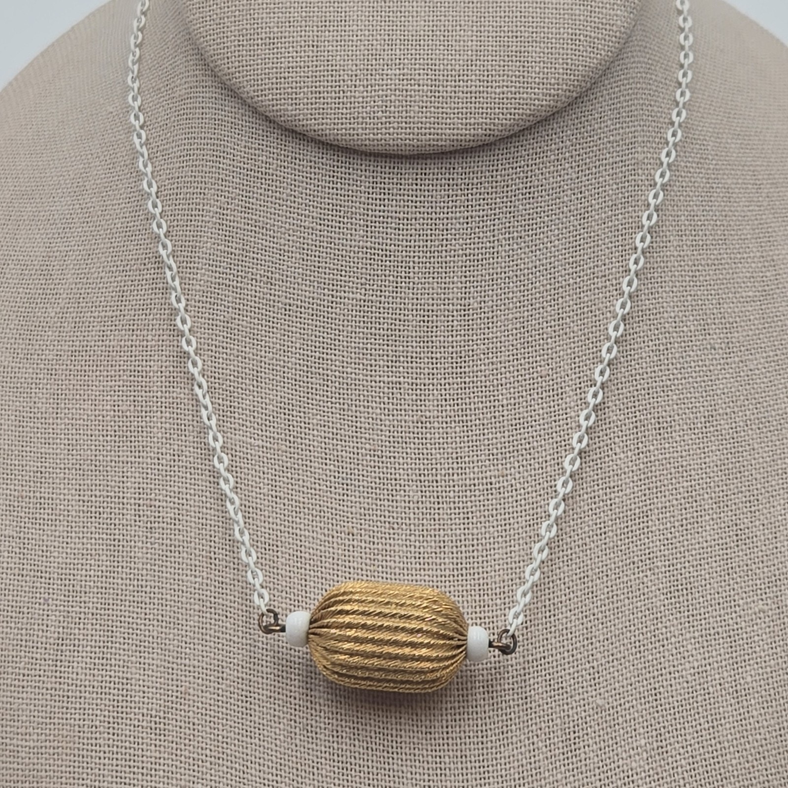 Vintage Hobe' Signed Swirl Bead Gold Tone Pendant White Enamel Chain Necklace
